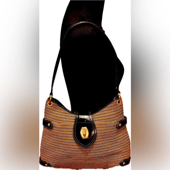 Eric Javits Squishee Metallic Gold/Tan/Blk Satchel &Patent Leather-Excel Cond - Picture 6 of 12